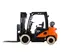 Side view of an orange and black Doosan warehouse forklift with a black mast and forks, open cabin and cushion tires.