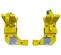 Front view of yellow pipe cradle accessory lifting hooks with safety latches for scissor lifts.