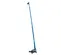 Side view of a fully extended blue boom lift with platform and safety rails.