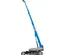 Wide side view of a blue and gray Genie boom lift with extended arm and basket.