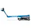 Side view of a blue Genie boom lift with extended arm low to the ground and workers on the platform.