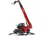 Front view of a red Magni telehandler with extended boom, stabilizers, fork attachment and enclosed cabin.