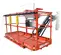Front angled view of an orange aerial work platform with guardrails, yellow safety features, and control panel.