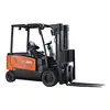 Side view of an orange and black Doosan warehouse forklift with a black mast, black forks and an open cabin.