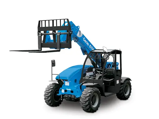 Chariot élévateur à fourche et portée verticale 2,2 t Genie bleu avec fourche soulevée