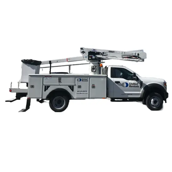 Side view of a white Versalift bucket truck featuring a United Rentals Logo with a mounted aerial lift, extendable boom and basket.