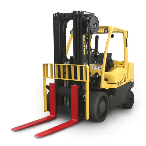 Front view of a yellow Hyster warehouse forklift with black tires, a propane tank, extended red forks and an open cabin.