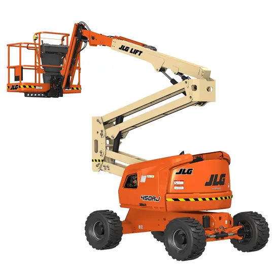 Vue latérale d’une nacelle élévatrice JLG orange et beige avec flèche déployée et plateforme de travail.
