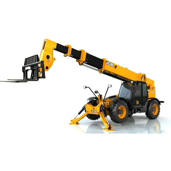 Front view of a yellow JCB telehandler with extended boom, stabilizers, fork attachments and an enclosed cabin.