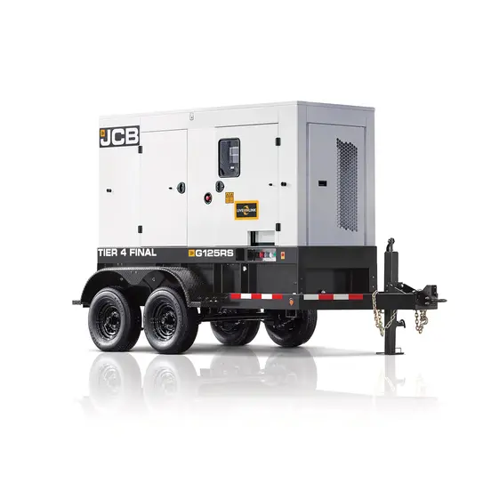 Génératrice remorquable JCB blanche et noire, 100 à 127 kW, diesel de niveau 4