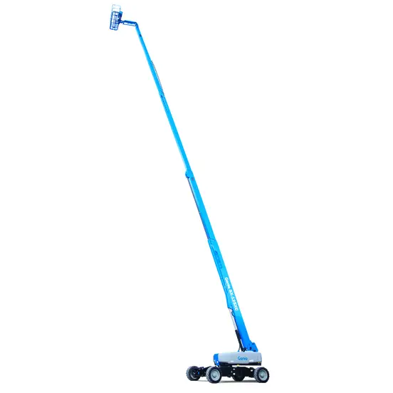 Wide side view of a blue Genie boom lift with extended arm and basket.