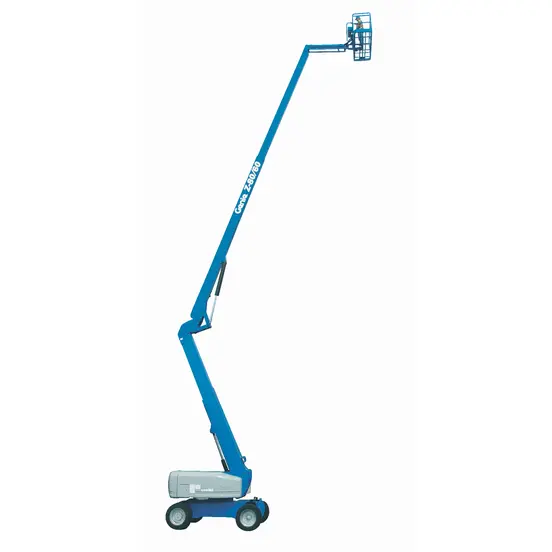 Wide side view of a fully extended blue boom lift with basket.