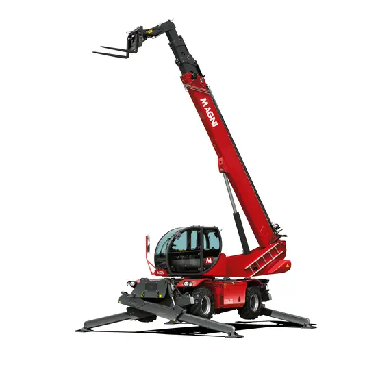 Front view of a red Magni telehandler with extended boom, stabilizers, fork attachment and enclosed cabin.
