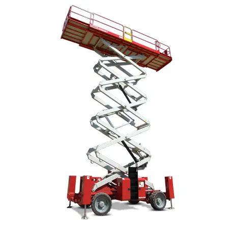 Side view of a red and silver scissor lift with extended platform.