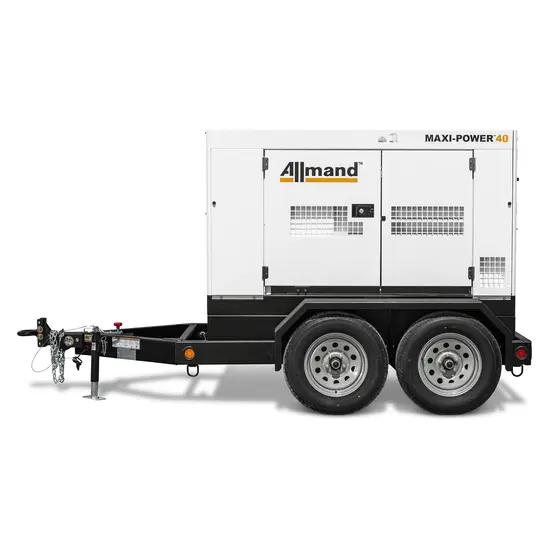 Génératrice remorquable de 24 à 30 kW ALLMANDBR blanche et noire, diesel
