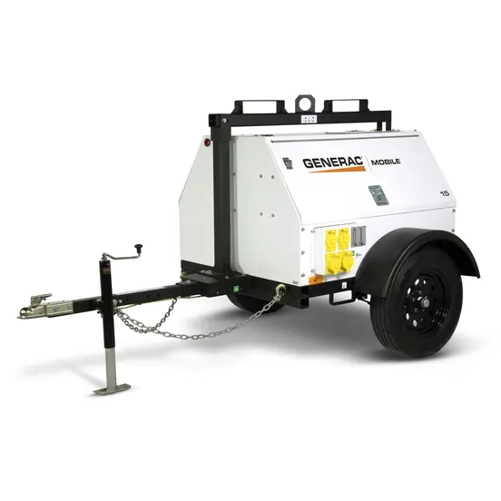 Génératrice remorquable de 13 kW GENERAC blanche et noire, diesel de niveau 4