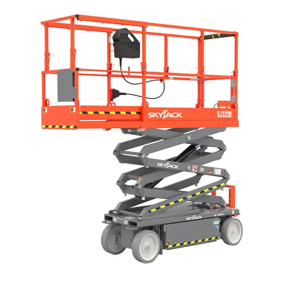 Side angled view of a retracted orange Skyjack scissor lift with safety rails.