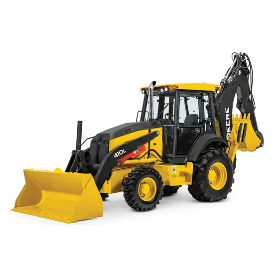 Yellow and black JOHN DEERE 108-116 HP Backhoe Loader, 15-16 ft. profondeur de creusement, Extendahoe