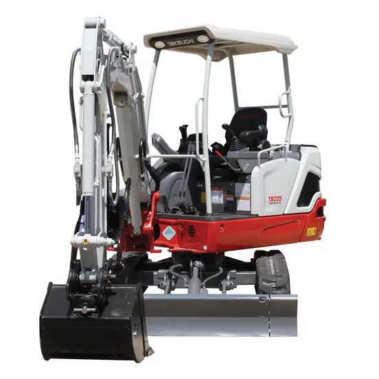 White, red and gray TAKEUCHI 4,000-5,000 lb. Mini Excavator, Zero Tail Swing
