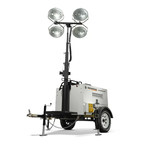 White and black Generac diesel powered Towable Light Tower with a Generator and Vertical Mast