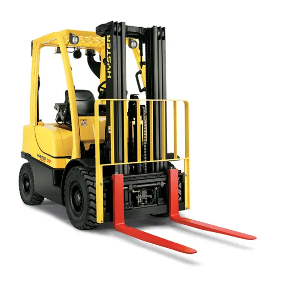 A yellow Hyster H50 forklift with black accents and bright red forks, shown from a front-right, slightly elevated angle on a white background.