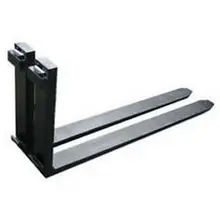 Rear view of a black forklift fork attachment with two metal forks extended.